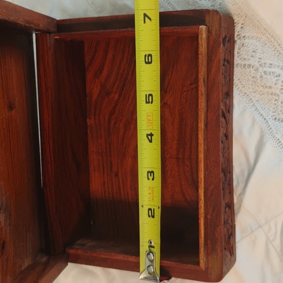 Vintage Archana Wood Jewelry Trinket Box Carved Designs Inlay Taj Mahal on Lid - Picture 9 of 11